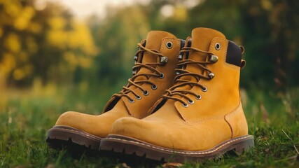 Poster - A pair of yellow boots sits atop a lush green field, perfect for rural or outdoor-themed designs
