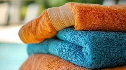 Poster - A stack of colorful towels situated next to a swimming pool, perfect for a beach or spa scene