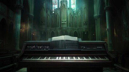 Poster - A piano inside a church with beautiful stained glass windows