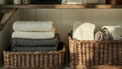 Poster - A shelf filled with baskets containing soft and absorbent towels, perfect for bathroom storage