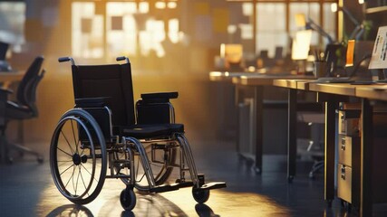 Poster - A person using a wheelchair sits at a desk surrounded by chairs, in a study room setting
