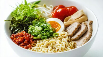 Poster - A bowl of noodles, meat, and vegetables topped with a hard-boiled egg
