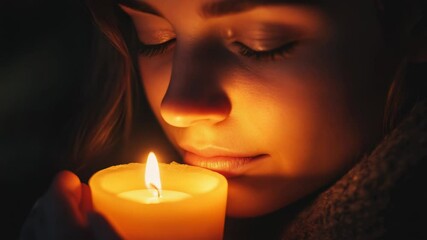 Poster - A woman holding a lit candle close to her face, creating a warm and intimate atmosphere