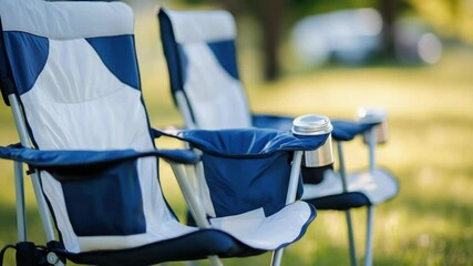 Aufkleber - A pair of lawn chairs sit atop a lush green field, perfect for outdoor relaxation or a scenic picnic spot