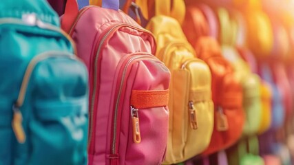 Poster - A row of colorful backpacks hang from hooks on a wall, perfect for travel or outdoor use