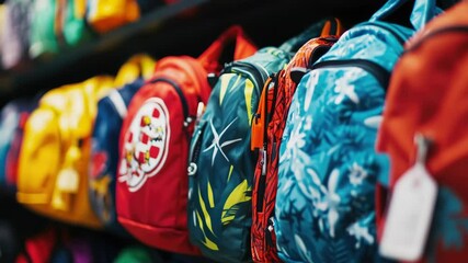 Poster - A collection of backpacks stacked on a shelf, perfect for outdoor enthusiasts or adventure seekers