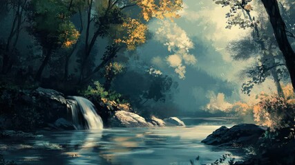 Poster - A serene waterfall surrounded by lush greenery and trees in a dense forest