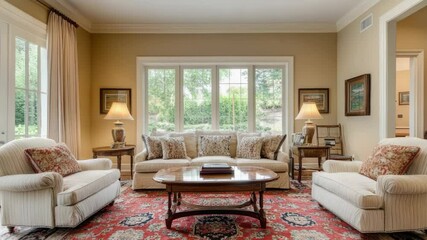 Poster - Cozy modern living room with various furniture pieces and a large window letting in natural light