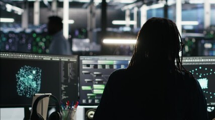 Poster - Server room programmer interpreting AI generated data analytics graphs, putting on headphones. Data center IT expert uses artificial intelligence tool showing system metrics, listening music, camera B