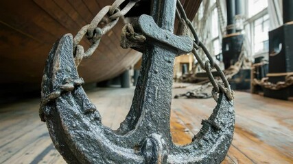 Poster - A large anchor sitting on a wooden floor in a building, often used as a decorative element or a prop