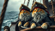© Annette - A highly detailed 8K digital rendering featuring fearless Siberian cats dressed as pirates, navigating the stormy seas aboard an old wooden ship. The cats wear intricate pirate outfits with tricorn ha