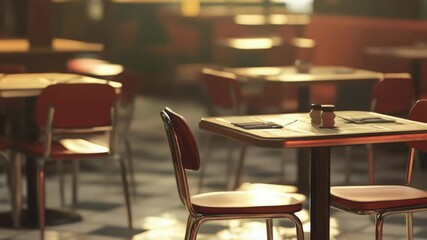 Poster - A table with chairs in a busy restaurant setting