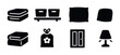 © Coosh448 - Home essentials solid icons set - filled style decor, interior, and comfort symbols for modern living: towels, storage boxes, cushions, pillow, blanket, wardrobe, lamp, shopping bag.