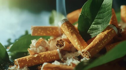 Poster - Pile of cigarettes sits atop a pile of leaves, great for environmental or health-themed images