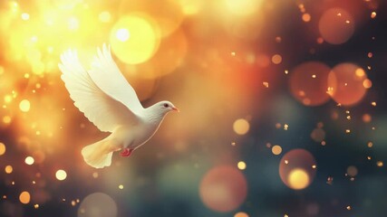 Poster - A white dove soaring through the air against a bright backdrop