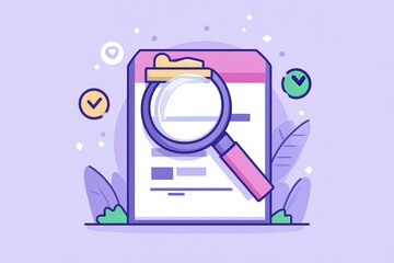 Poster - Magnifying Glass on Checklist Document Detailed Illustration Flat Design Modern Style Business Process Analysis Research Concept Vector Graphic Purple Background app data idea icon