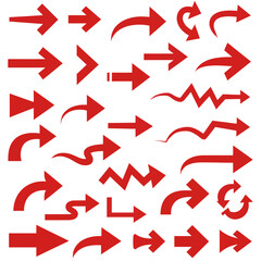 Fototapete - A collection of various red arrow icons showing direction, navigation, and pointing concepts on white