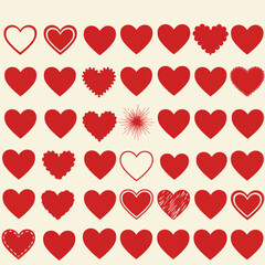 Poster - A collection of various red heart shapes arranged on a cream-colored background for design