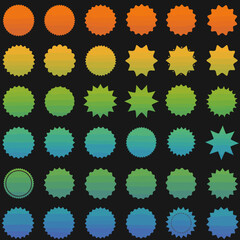Poster - Colorful collection of starburst badges and stickers with vibrant gradients on a black background