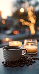 Wall Mural - a close-up of coffee beans and candlelight, with the blurred background featuring an outdoor scene