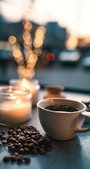 Wall Mural - a close-up of coffee beans and candlelight, with the blurred background featuring an outdoor scene