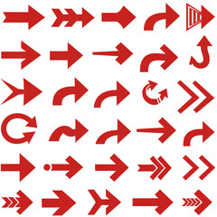 Poster - Diverse collection of red arrow icons and symbols representing direction, navigation, and choices on white