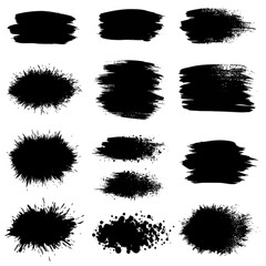 Poster - Diverse collection of black paint brush strokes and splatters on a clean white background for design