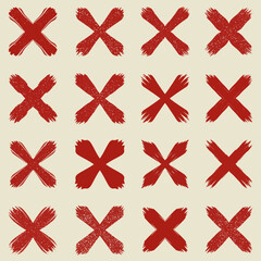 Poster - Red X marks painted with brushstrokes on a cream background, creating a pattern and design.
