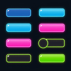 Poster - Vibrant set of colorful neon buttons with glowing outlines on a dark background for UI design