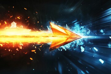 Poster - fiery orange arrow breaking through ice abstract digital art background powerful speed energy motion