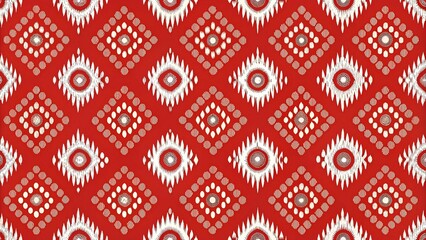 Poster - Abstract Ikat pattern with white circles, triangles, and squares on red background. Festive, seamless design