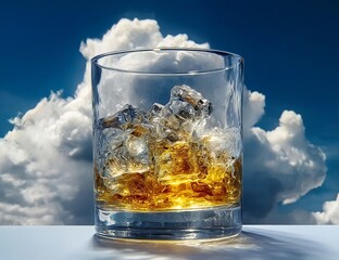 Wall Mural - a whiskey glass filled to the brim with ice cubes, centered against a blue sky background with