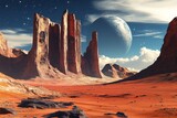 Alien desert landscape with a large planet