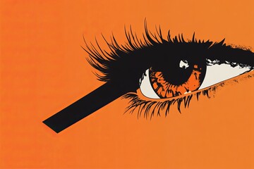 Poster - Stylish Orange Eye Graphic Design Abstract Art Print Fashionable Bold Eyelashes Makeup Look Modern Minimalist Vector Illustration Digital Artwork Orange Black Background gaze iris 