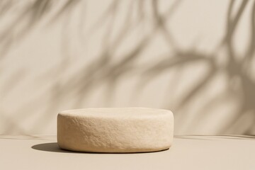 Poster - Empty round beige stone podium on beige background with tropical plant shadow creating a calming and natural scene for product presentation