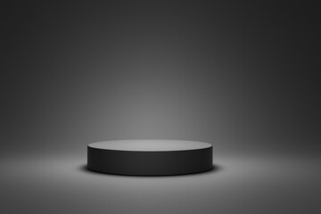 Poster - Black cylindrical podium standing on dark gray surface creates minimalist and elegant presentation space, perfect for showcasing products or awards