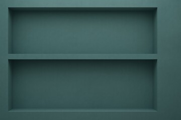 Poster - Two empty shelves are creating negative space on a green wall, offering a minimalist and modern backdrop, perfect for showcasing products or adding a touch of contemporary design to any space