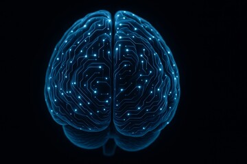 Poster - Glowing blue human brain simulating electronic circuit processing data, representing artificial intelligence, machine learning, and neural network concepts