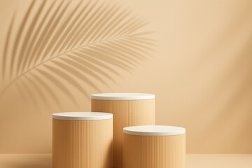 Poster - Three empty round beige cylinder podiums of varying heights with white tops resting on a beige surface, casting palm leaf shadows against a minimal background