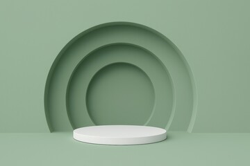 Poster - White circular podium showcasing products on a textured green pastel background with concentric circles creating a modern and minimalist backdrop, perfect for displaying beauty or fashion items