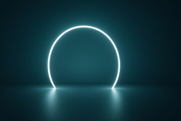 Poster - Glowing neon circle illuminating a dark studio floor, casting vibrant light and creating a futuristic atmosphere perfect for modern design and artistic presentations