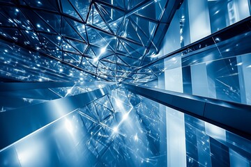 Poster - abstract modern architecture blue glass structure design futuristic building interior escalator refl