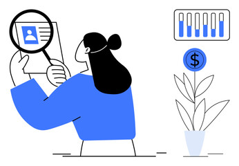 Poster - woman with magnifying glass examining profile page, bar chart, and dollar sign plant symbolizing gro