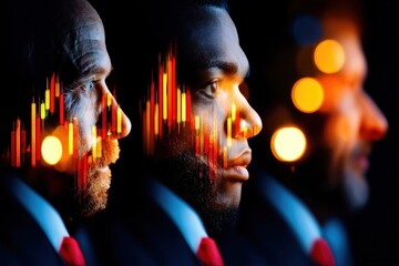 Poster - Business Technology Team with Double Exposure Effect Showcasing Data Visualization and Professional Profiles in a Modern Office Setting