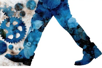 Poster - Walking Businessman Silhouette with Blue-Painted Gears and Flowers in Double Exposure Style for Modern Technology Startup Concept