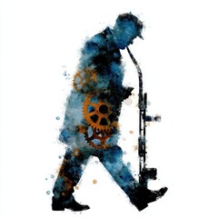 Poster - Businessman with Gears Illustrating Startup Technology in Double Exposure Art Style
