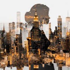 Poster - Double Exposure Image of a Businessman Silhouetted Against a Vibrant City Skyline with Modern Skyscrapers in a Dynamic Business Environment