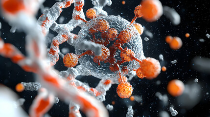Poster - This image depicts a detailed microscopic view of a virus interacting with other cellular components. It's suitable for science educational material.