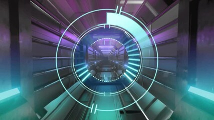 Poster - Rendering 3D circular holographic interface floating on metal corridor with teal purple LED strips