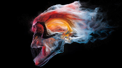 Fototapete - A vibrant artistic depiction of a skull created from colored smoke or powder. Perfect for abstract art displays or as a unique wallpaper.